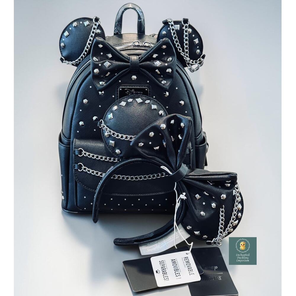 Loungefly Disney Minnie Mouse Studs & Chains Mini Backpack Ear Headband Set NWT